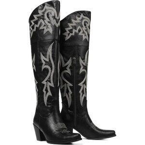 Women1Black Pu Polyurethane Embroidered Pointed Toe Chunky Heels Tall Boots